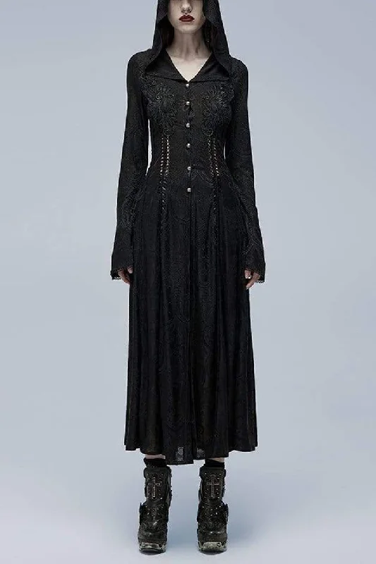 Black Long Trumpet Sleeves Hollow Lace Slim Hooded Womens Gothic Dress