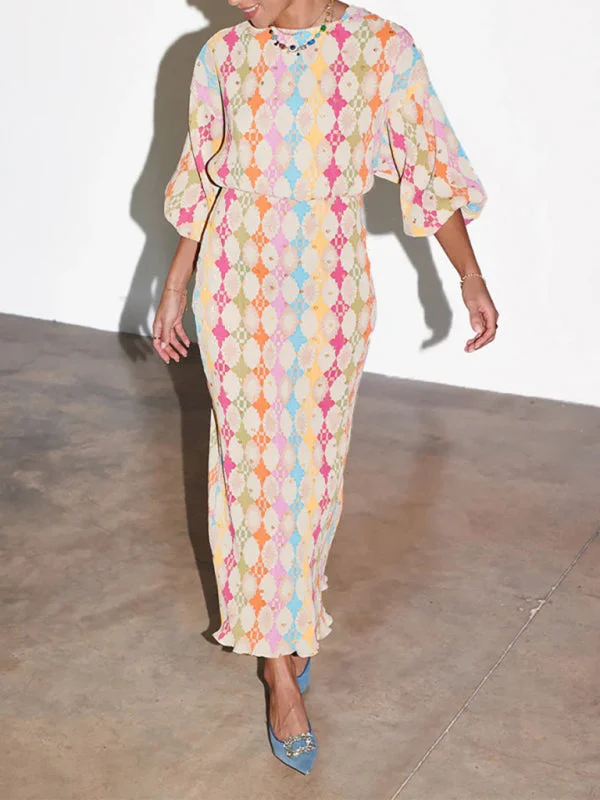 Blue Zone Planet | New Print Elegant V Neck Lantern Half Sleeve A-Line Dress