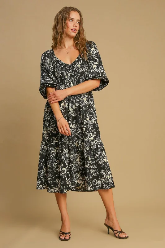Blue Zone Planet |  Umgee Ruffle Hem Flower Printed V-Neck Dress