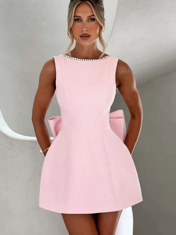 Blue Zone Planet | Women's Pearl Bow Slim Short Skirt Back Hot Girl A-Line Dress