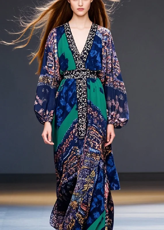 Boutique V Neck Print Silm Fit Chiffon Dress Fall