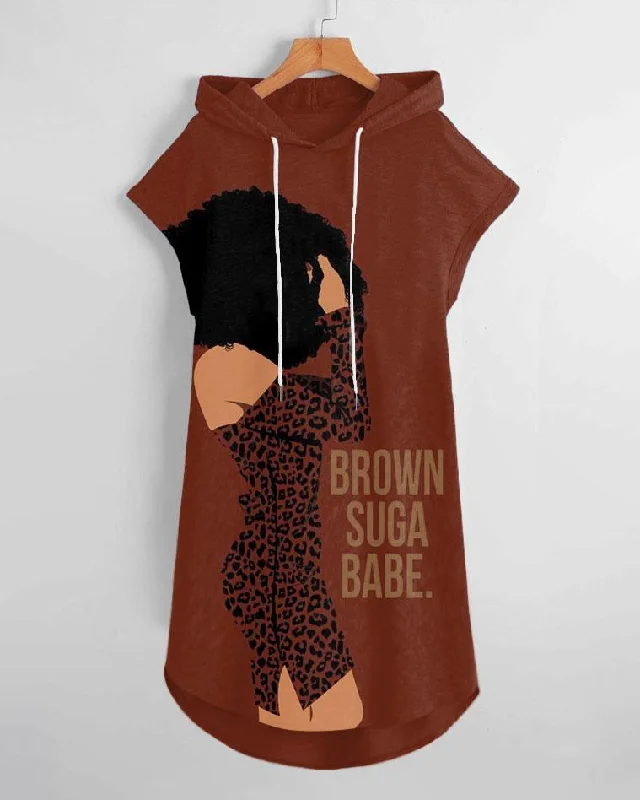 Brown Suga Babe Print Drawstring Hooded Dress