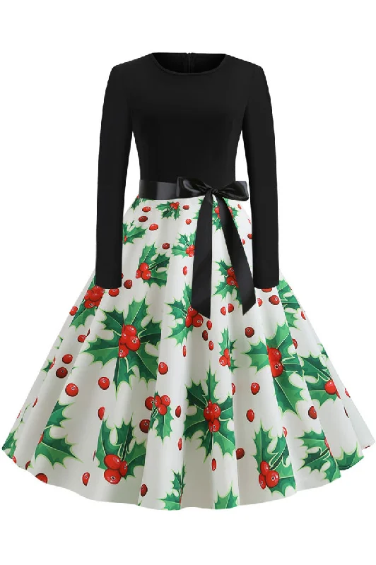Christmas Printed Belt A-line Vintage Dress