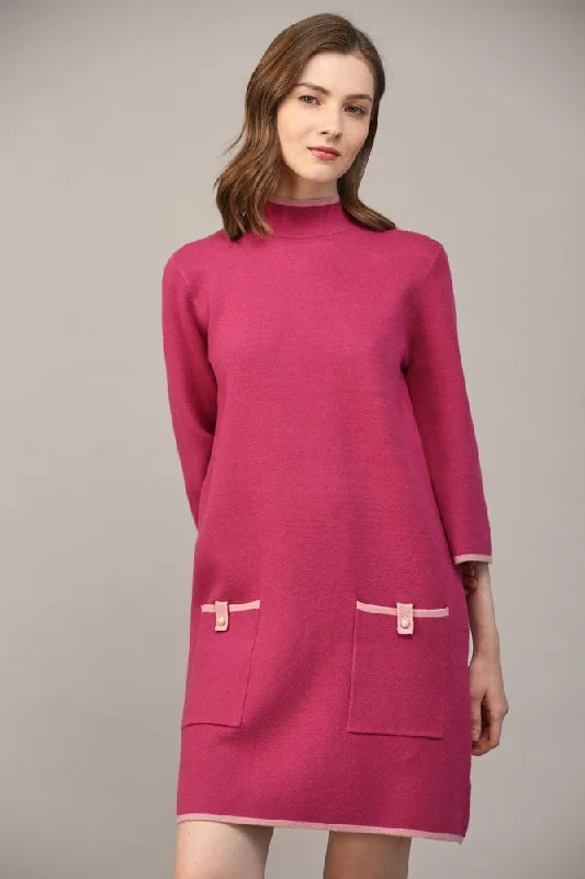 Contrast Color Knit Mock Neck Sweater Dress Berry