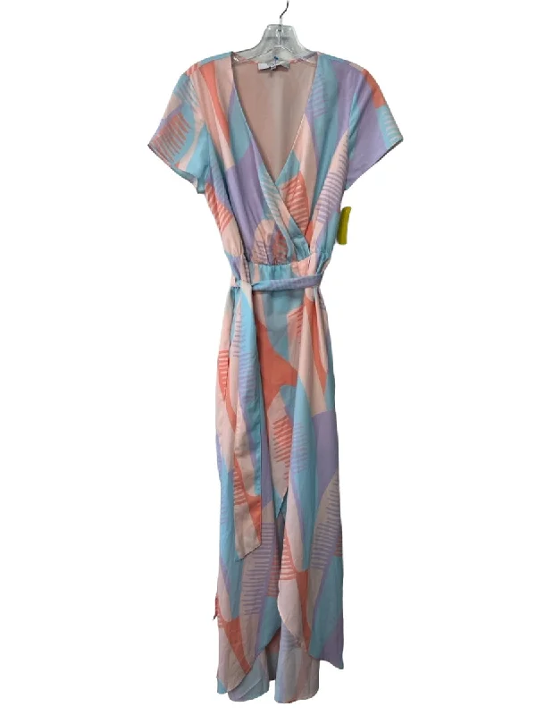 Crosby Size 6 Pink Purple Orange Abstract Surplice Cap Sleeve Sash Inc Dress
