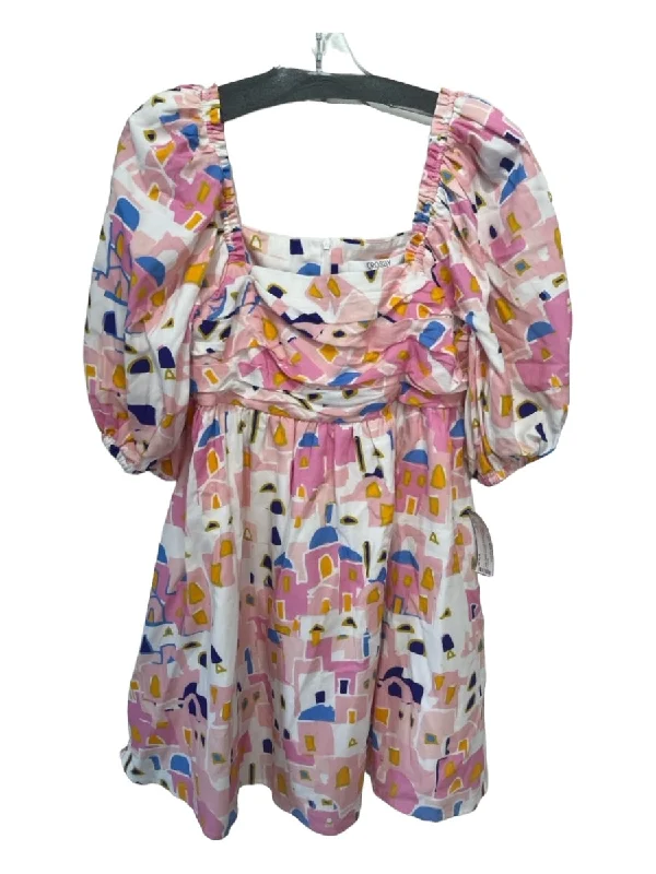 Crosby Size S White Pink & blue Abstract Square Neck Short Puff Sleeve Dress