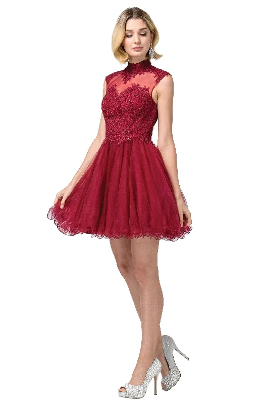 Dancing Queen - 3027 Lace Appliqued High Neck A-Line Dress