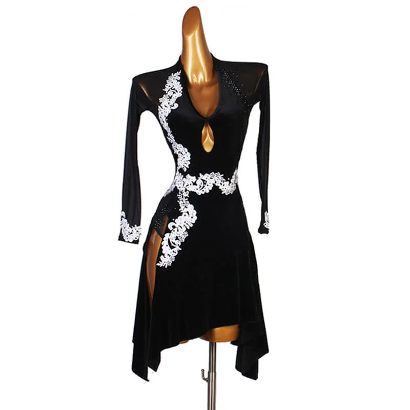 Deep V Neck Jewelled Latin Dress with Rhinestones