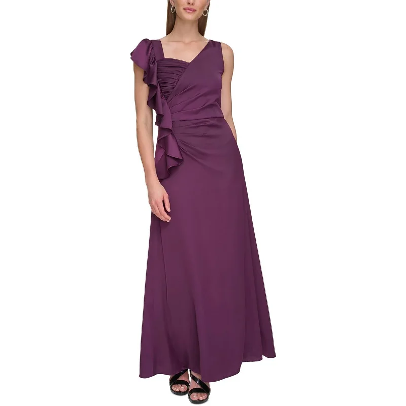 DKNY Womens Satin Cascade Ruffle Evening Dress