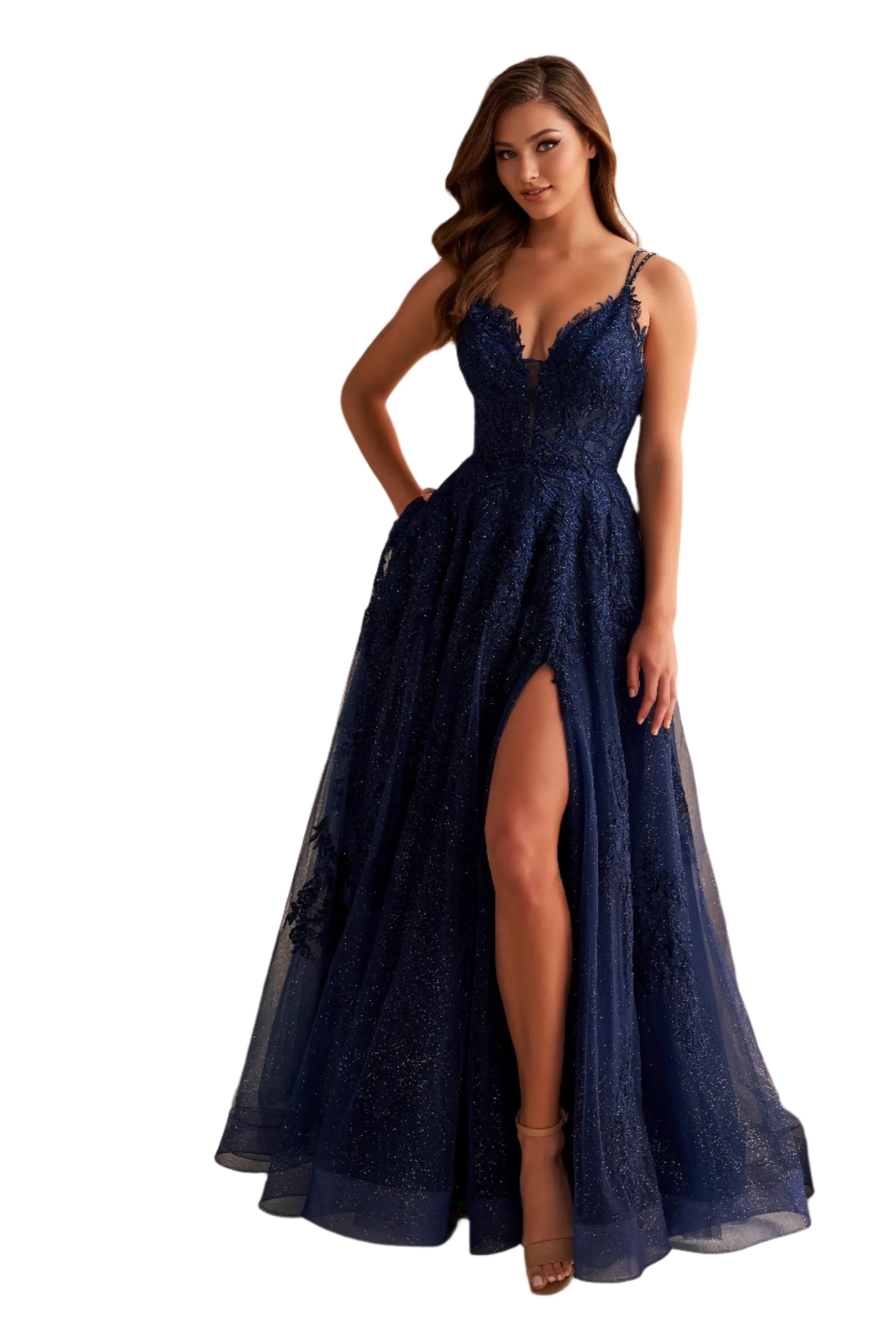 Ellie Wilde EW36226 Long Shimmer Sheer Lace A Line Slit Prom Dress Formal V Neck Gown