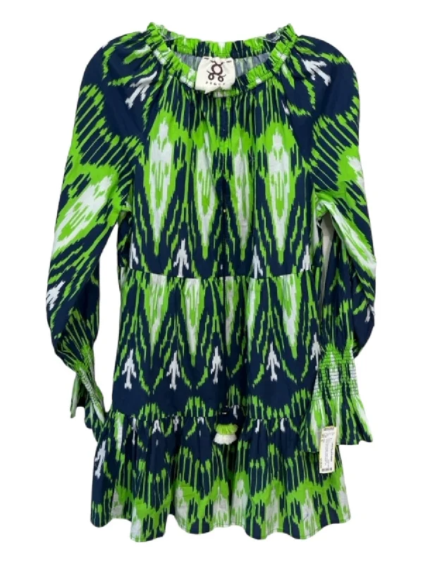 Figue Size S Green Blue & White Cotton V Neck Tassel All Over Print Dress