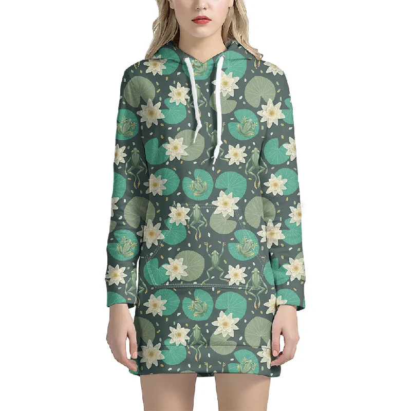 Frogs And Water Lilies Pattern Print Pullover Hoodie Dress