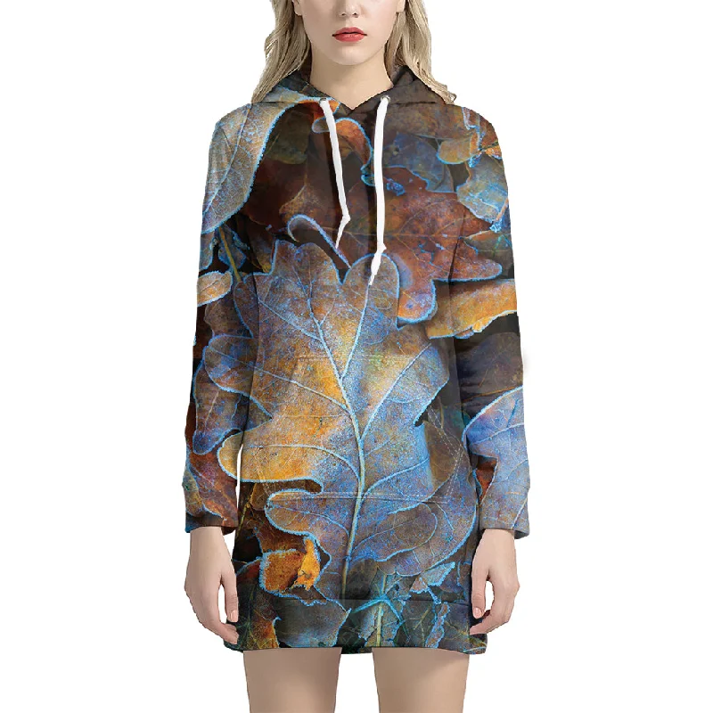 Frozen Oak leaf Print Pullover Hoodie Dress