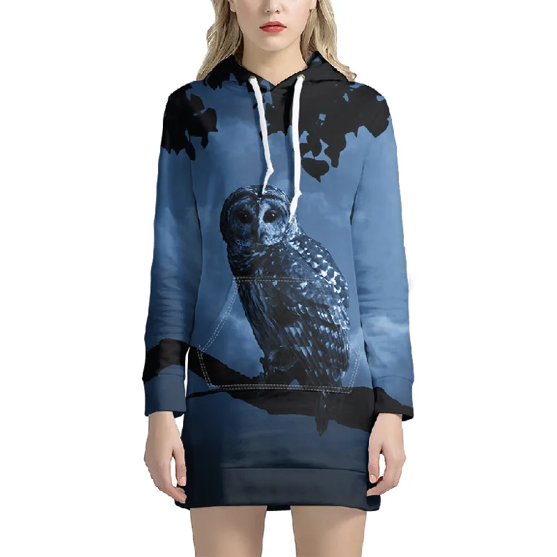 Full Moon Night Owl Print Pullover Hoodie Dress