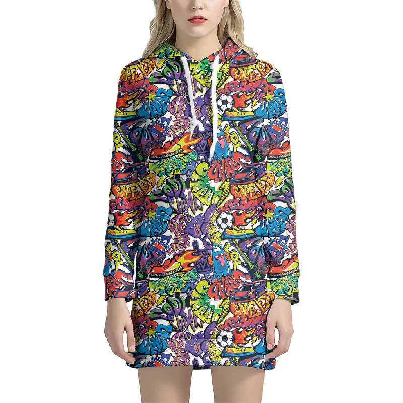Funky Graffiti Pattern Print Pullover Hoodie Dress