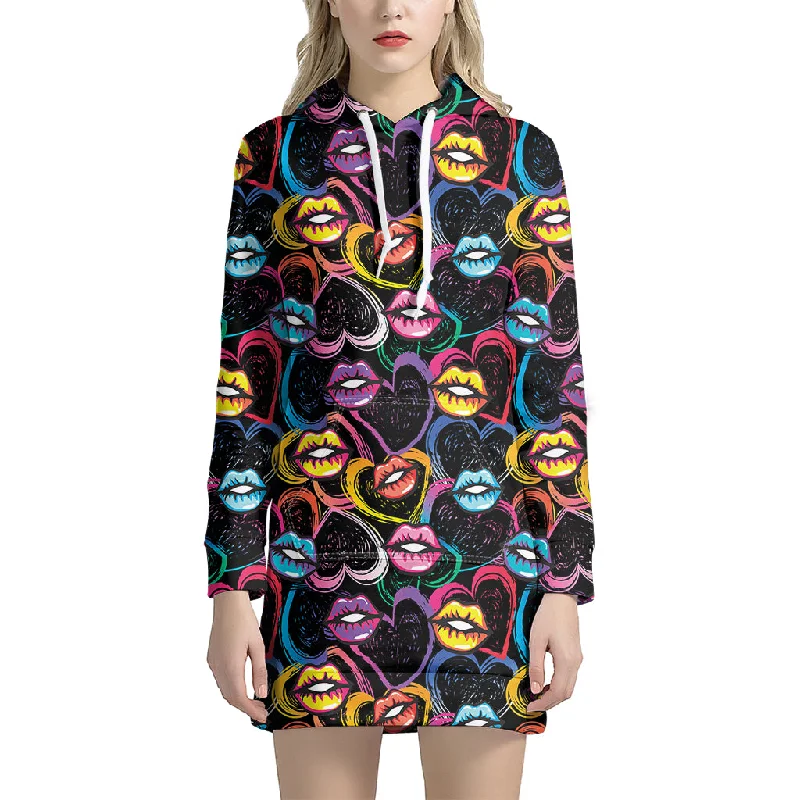 Funky Kiss Lips Pattern Print Pullover Hoodie Dress