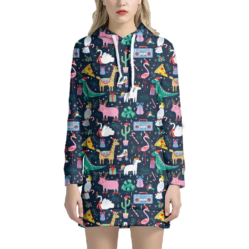 Funny Christmas Animals Pattern Print Pullover Hoodie Dress