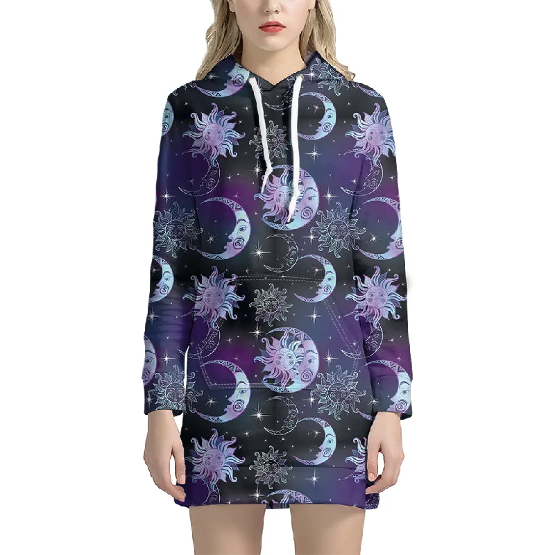 Galaxy Celestial Sun And Moon Print Pullover Hoodie Dress