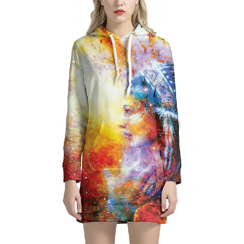 Galaxy Native Indian Woman Print Pullover Hoodie Dress