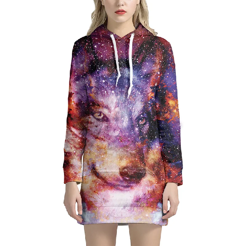Galaxy Wolf Portrait Print Pullover Hoodie Dress