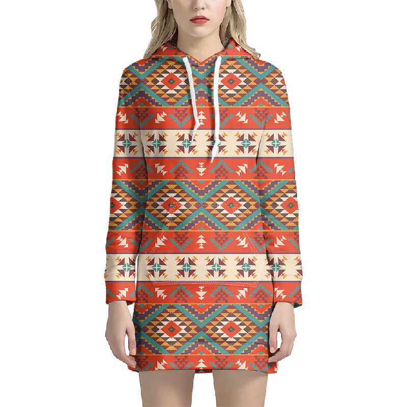 Geometric Native Navajo Print Pullover Hoodie Dress