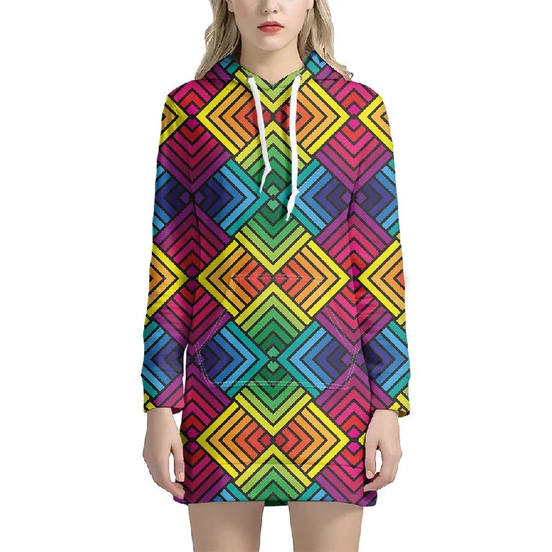 Geometric Rainbow Pattern Print Pullover Hoodie Dress