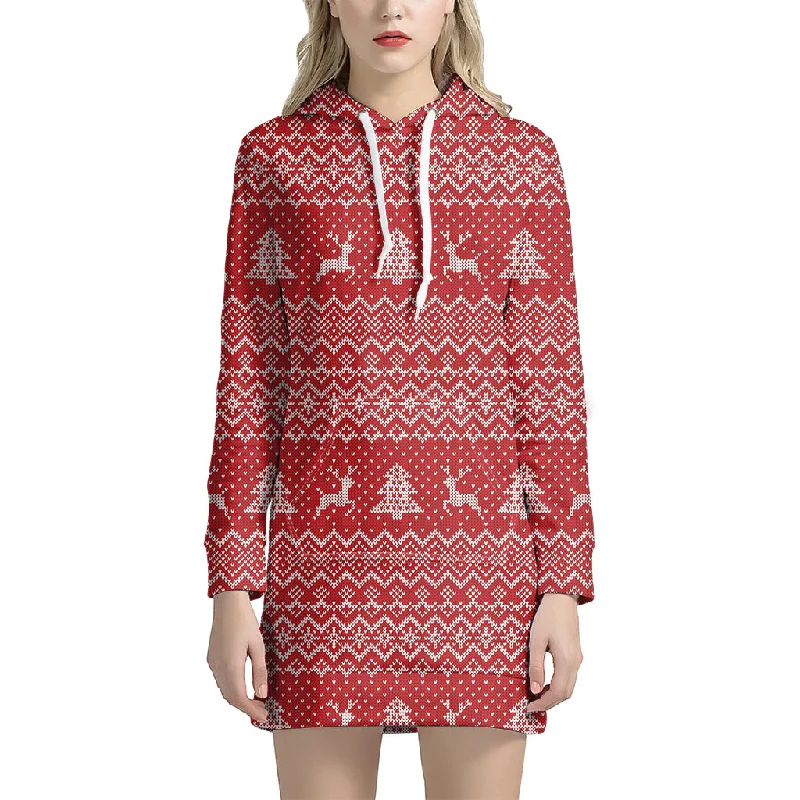 Geometric Xmas Knitted Pattern Print Pullover Hoodie Dress