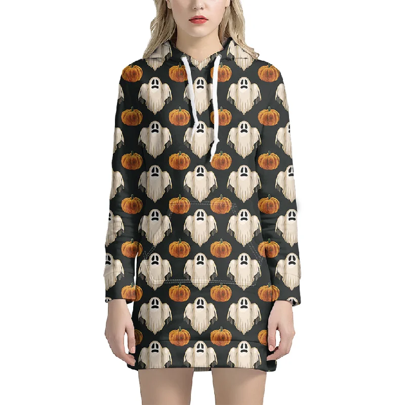 Ghost And Pumpkin Pattern Print Pullover Hoodie Dress