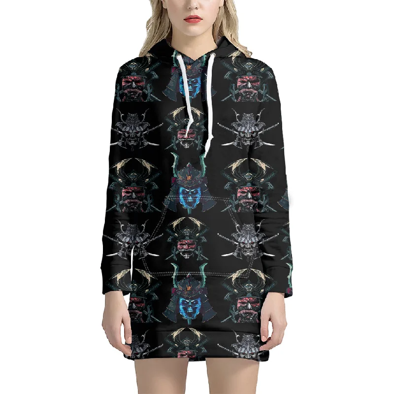 Ghost Samurai Mask Pattern Print Pullover Hoodie Dress