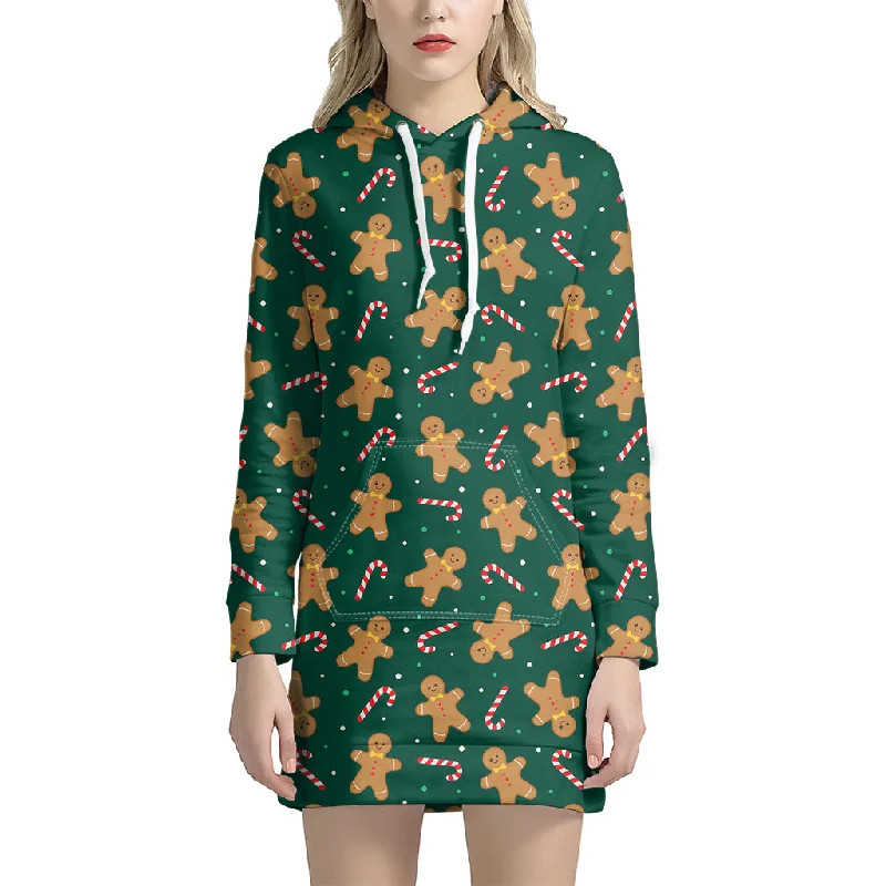 Gingerbread Man Cookies Pattern Print Pullover Hoodie Dress