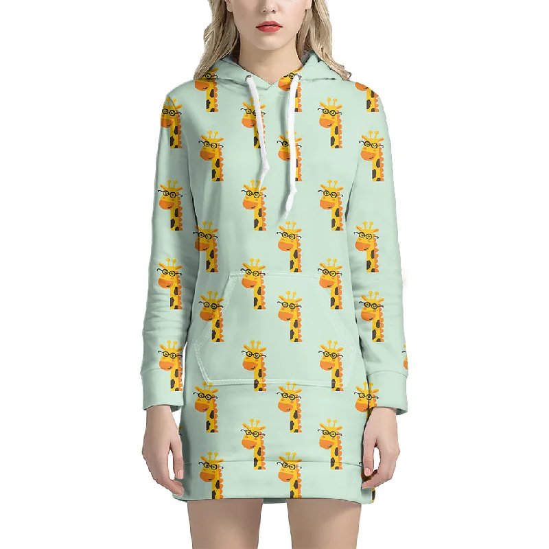 Giraffe With Glasses Pattern Print Pullover Hoodie Dress