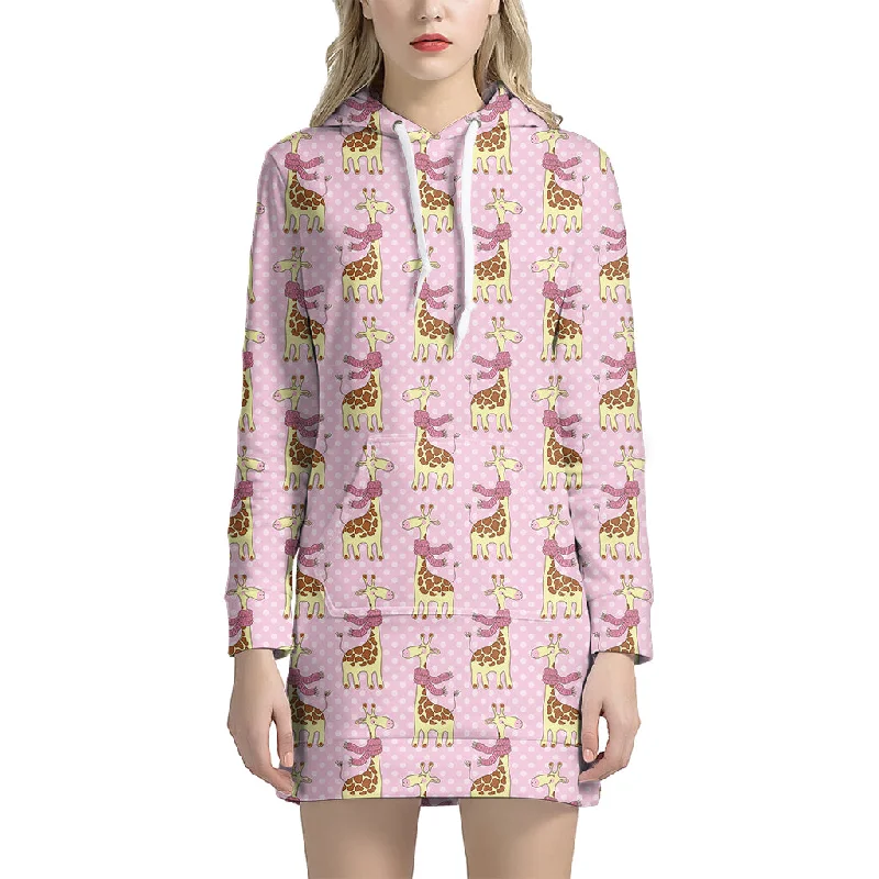 Giraffe With Scarf Pattern Print Pullover Hoodie Dress