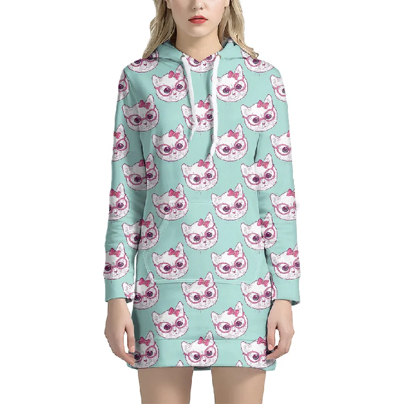 Girly Cat With Glasses Pattern Print Pullover Hoodie Dress