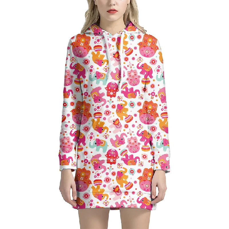 Girly Elephant And Hamsa Pattern Print Pullover Hoodie Dress