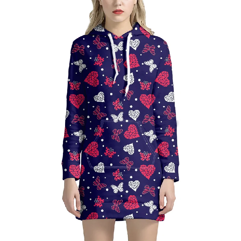 Girly Heart And Butterfly Pattern Print Pullover Hoodie Dress