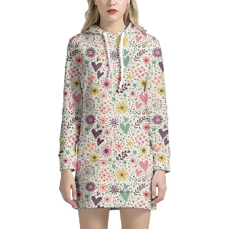 Girly Heart And Flower Pattern Print Pullover Hoodie Dress