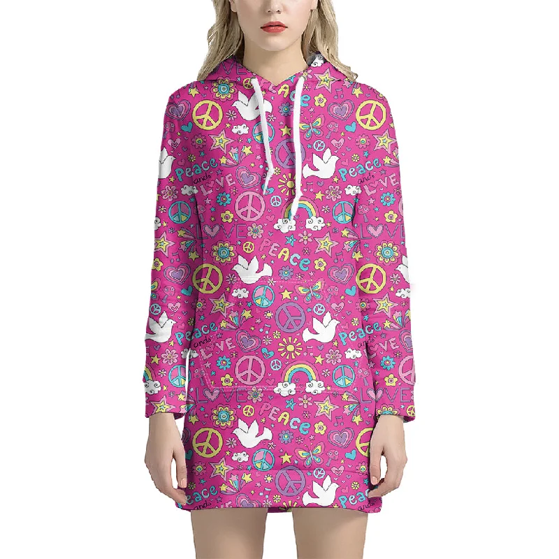 Girly Peace Sign And Love Pattern Print Pullover Hoodie Dress