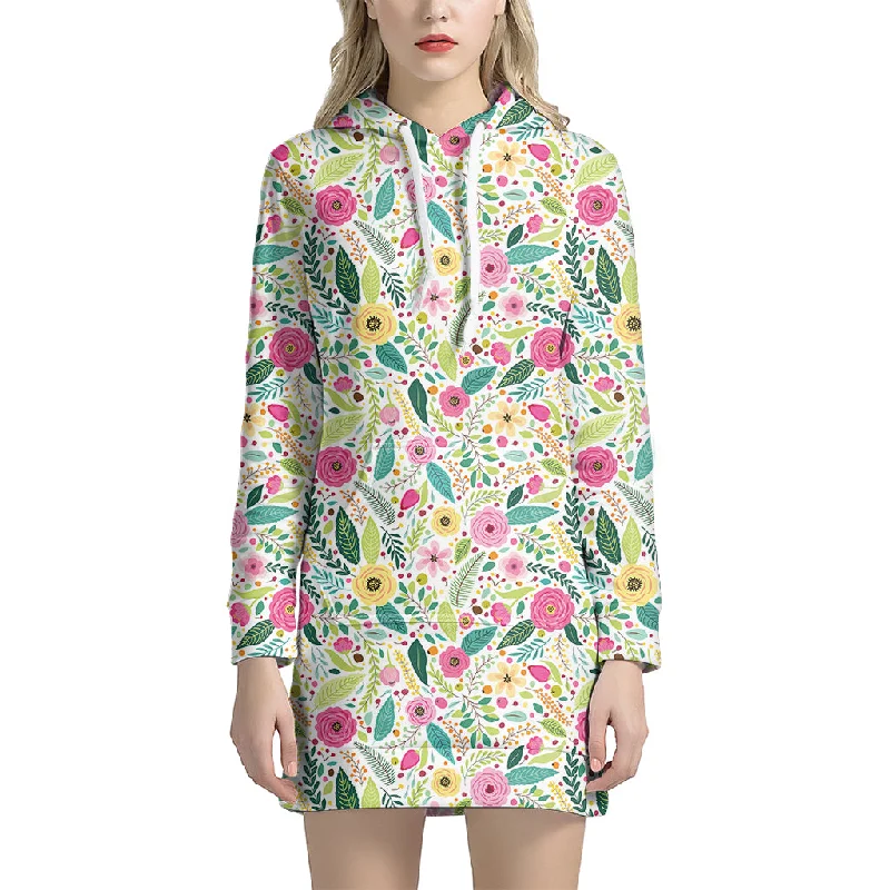 Girly Spring Flower Pattern Print Pullover Hoodie Dress