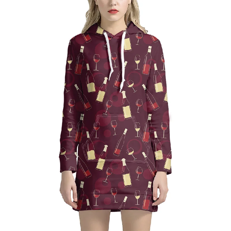 Glasses And Bottles Of Wine Print Pullover Hoodie Dress