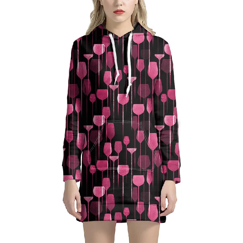 Glasses Of Wine Print Pullover Hoodie Dress