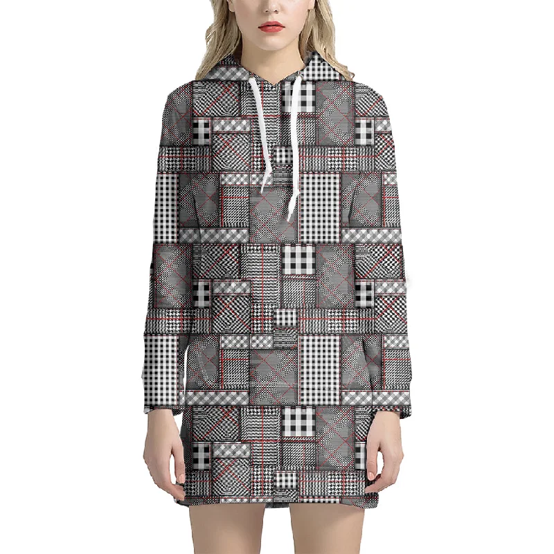 Glen Plaid Patchwork Pattern Print Pullover Hoodie Dress