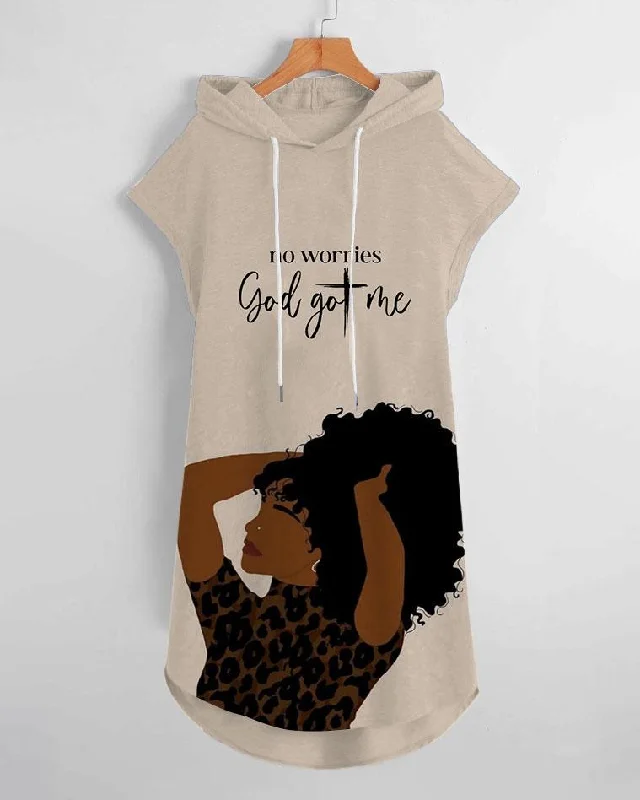 God Got Me Brown Girl Print Drawstring Hooded Dress