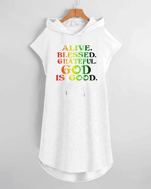 God is Good Print Gradient Drawstring Hooded Dress