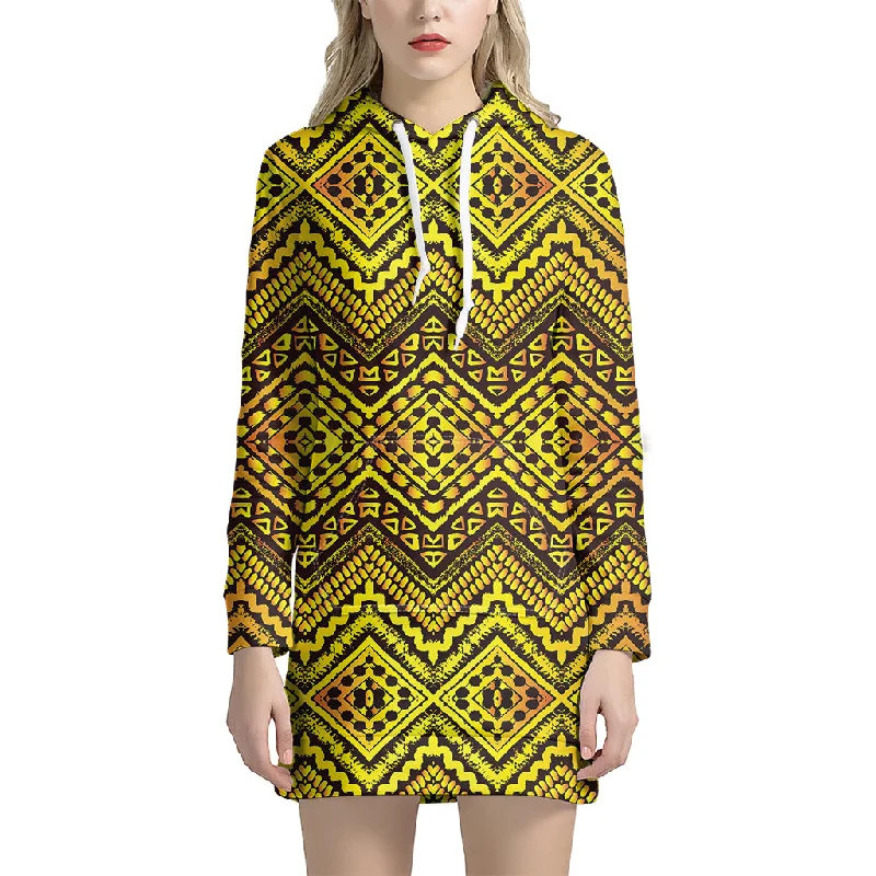 Gold African Ethnic Tribal Pattern Print Pullover Hoodie Dress