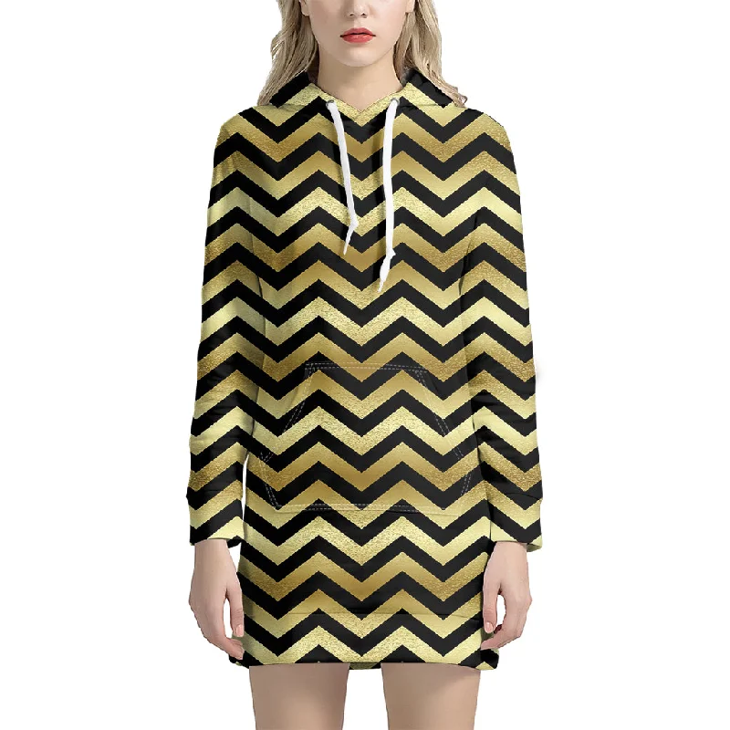 Gold And Black Chevron Pattern Print Pullover Hoodie Dress