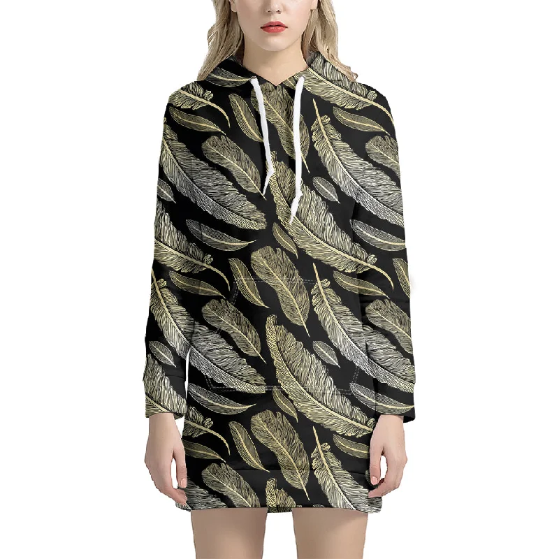 Gold And Black Feather Pattern Print Pullover Hoodie Dress