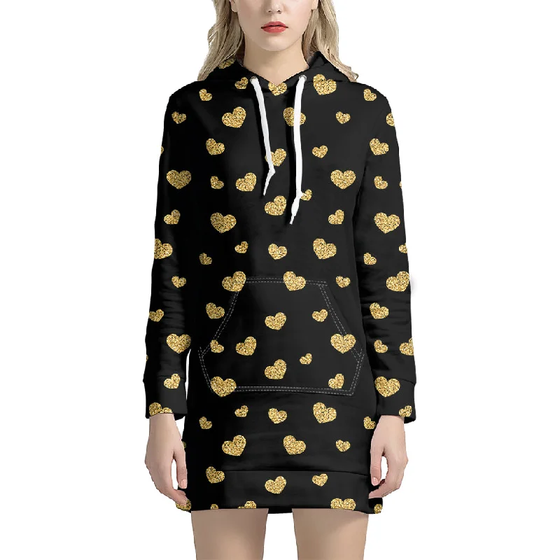 Gold And Black Heart Pattern Print Pullover Hoodie Dress