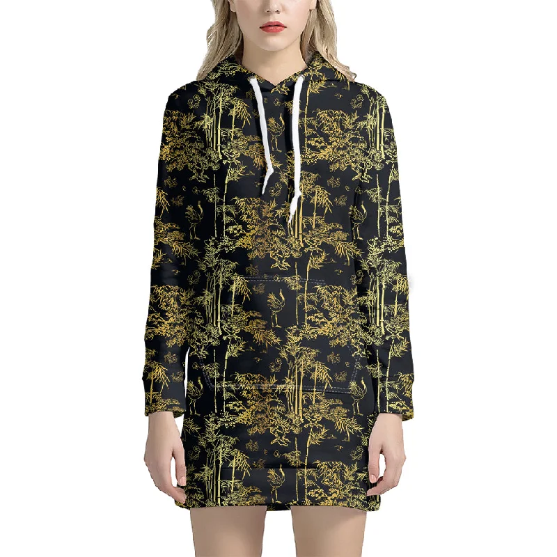 Gold And Black Japanese Bamboo Print Pullover Hoodie Dress
