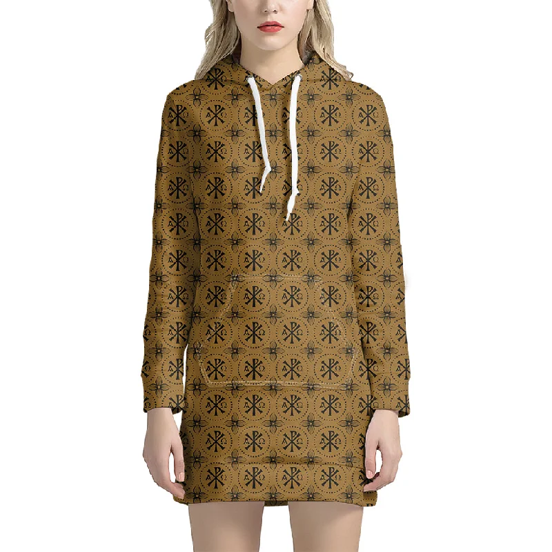 Gold And Black Orthodox Pattern Print Pullover Hoodie Dress