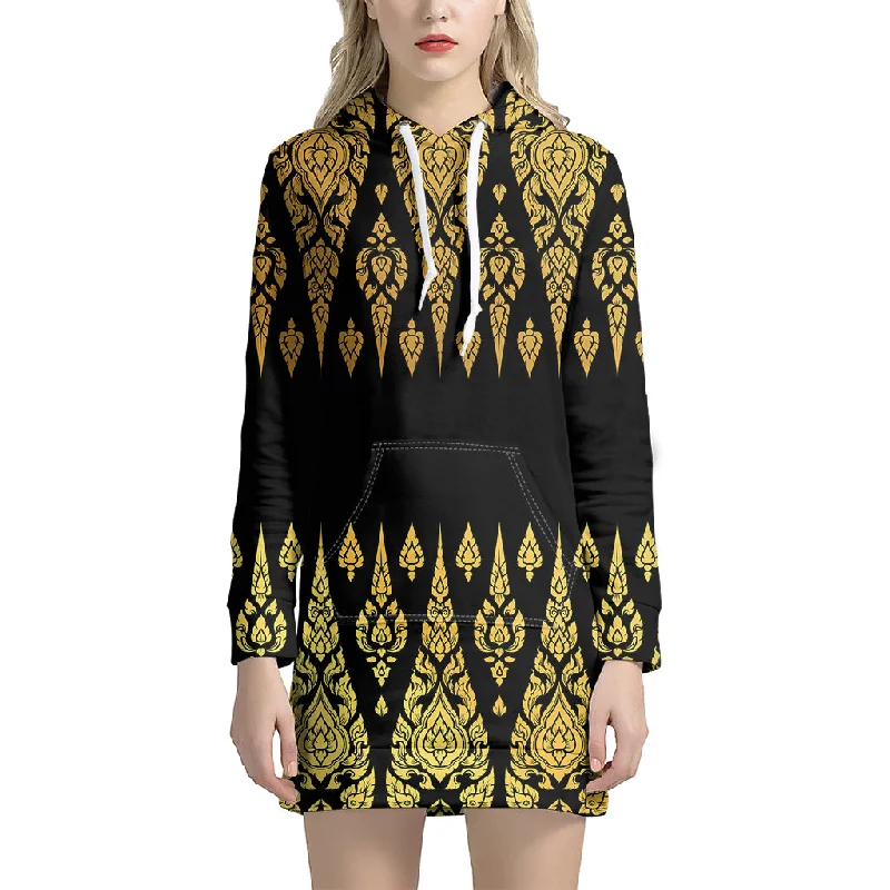 Gold And Black Thai Pattern Print Pullover Hoodie Dress